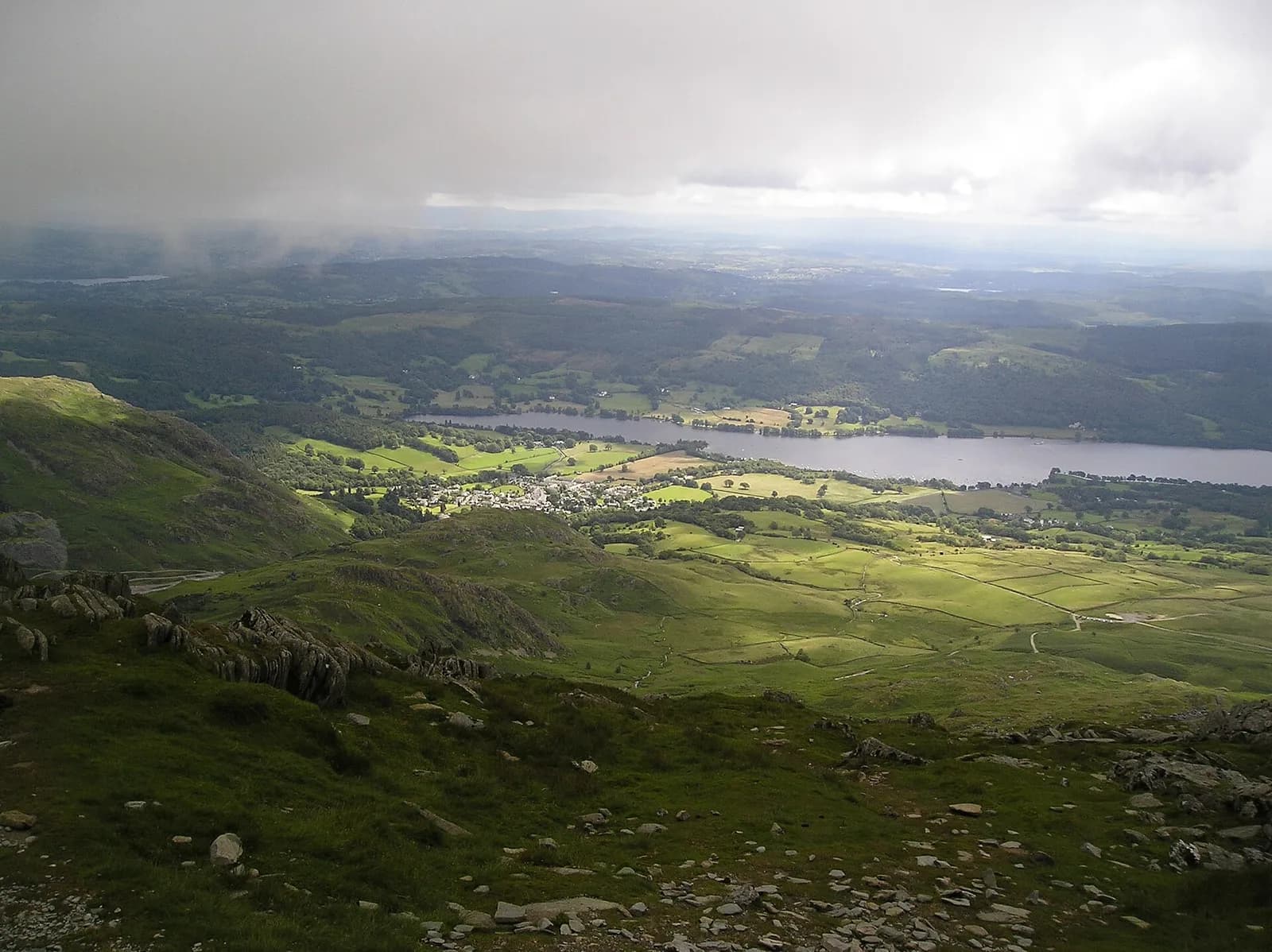 Coniston village and Coniston Water seen from the slopes of the Old Man of Coniston