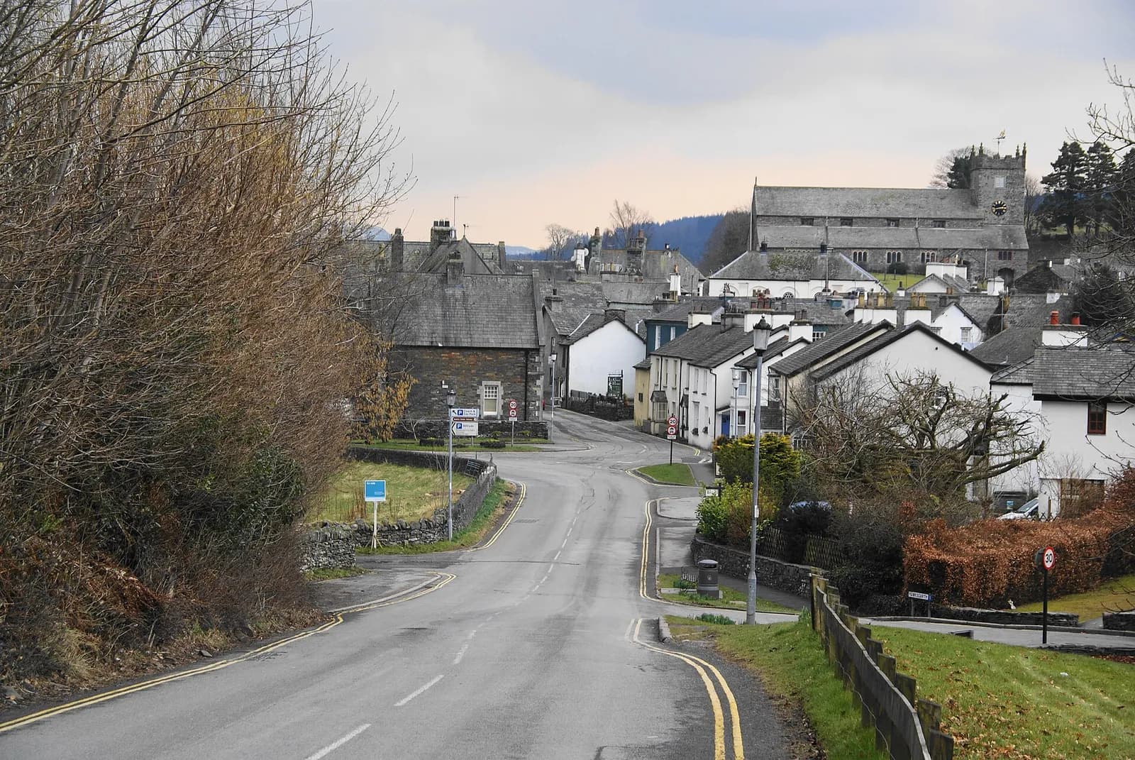 Hawkshead's whitewashed cottages and St Michael's Church on the hill above the village