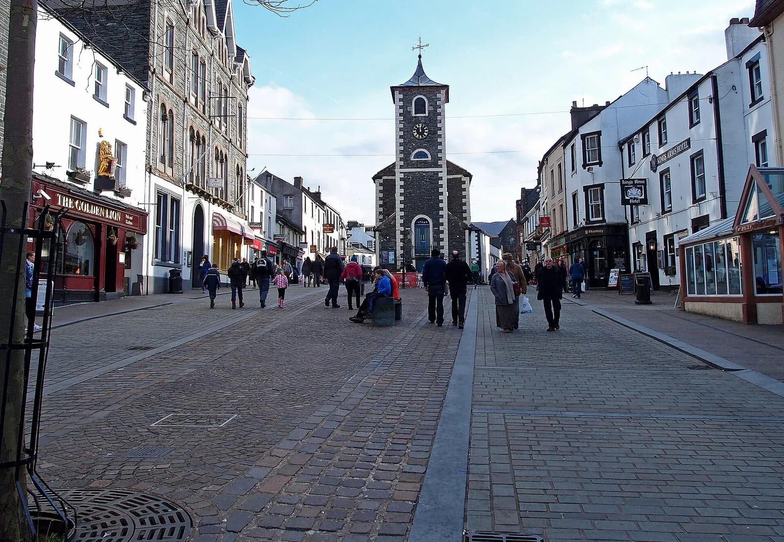 The Moot Hall clock tower at the end of Keswick's cobbled Market Square