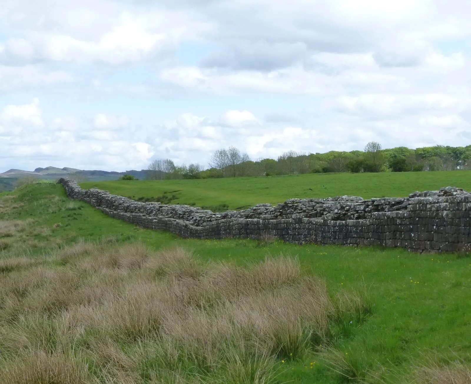 A long stretch of Hadrian's Wall crossing open grassland near Birdoswald Roman Fort