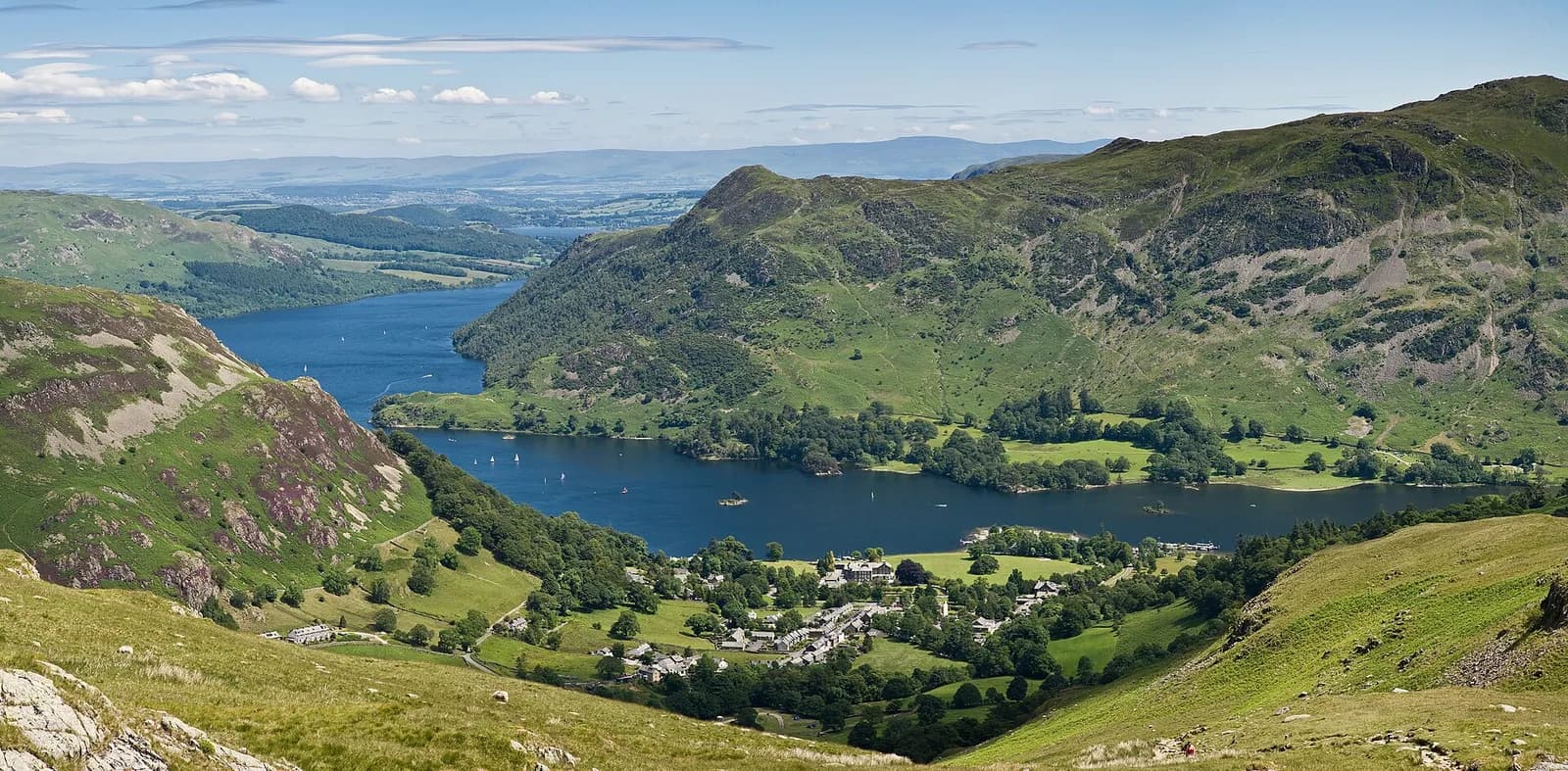 Glenridding village at the head of Ullswater seen from the fellside above