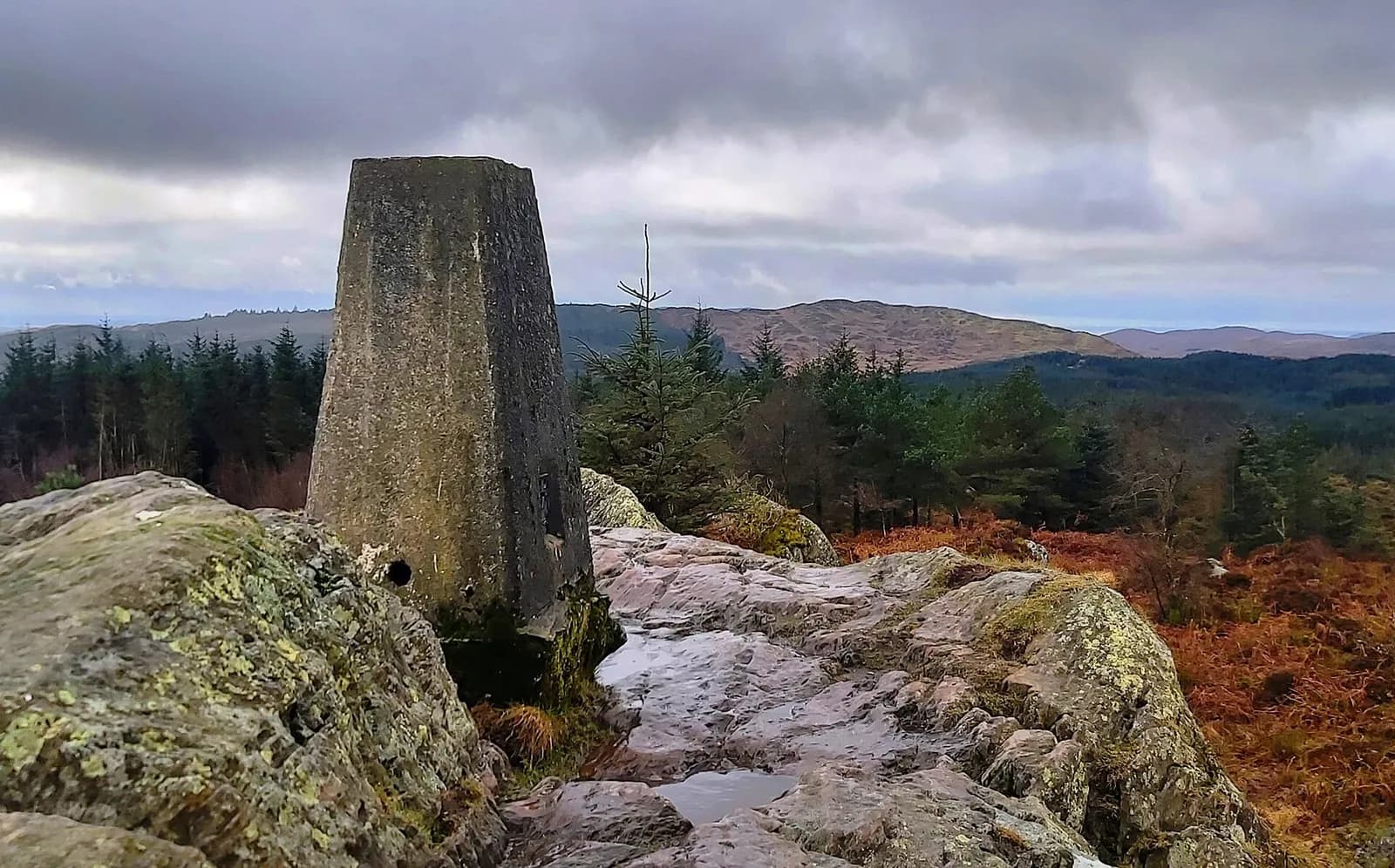 The trig pillar on Carron Crag above Grizedale Forest