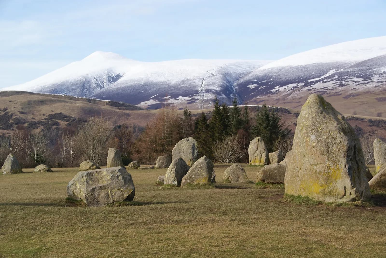 Castlerigg Stone Circle with snow on Blencathra behind