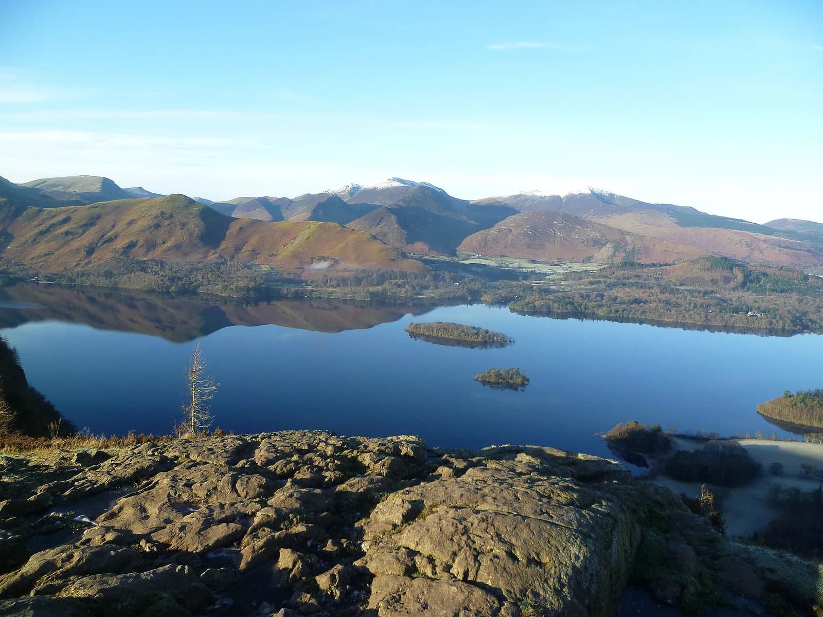 Derwentwater and its islands below the rocky top of Walla Crag