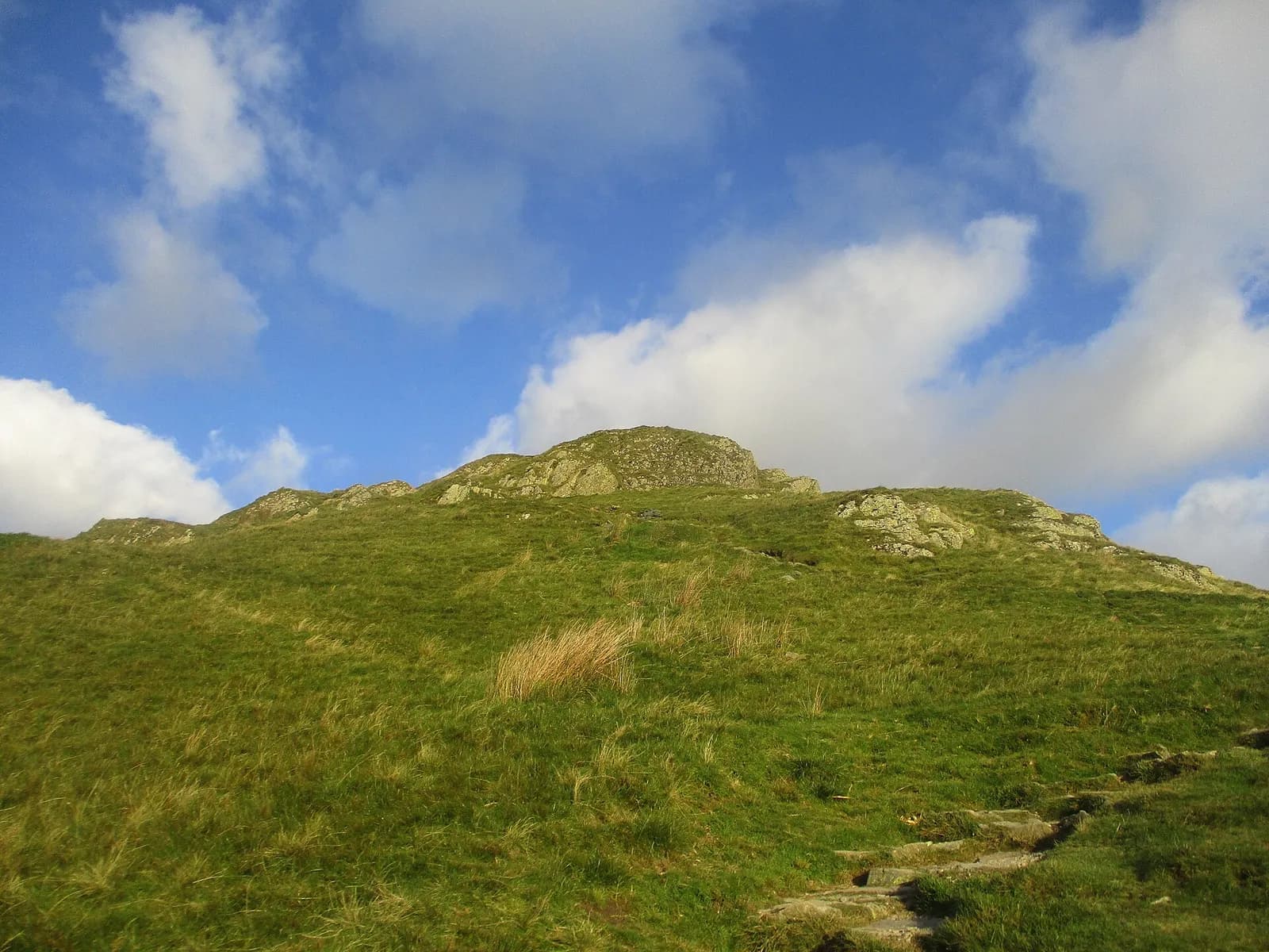 The grassy final slope and rocky top of Wansfell Pike under a blue sky